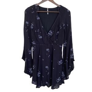 Free People Black with Gray Embroidered Design V-Neck Dress - S